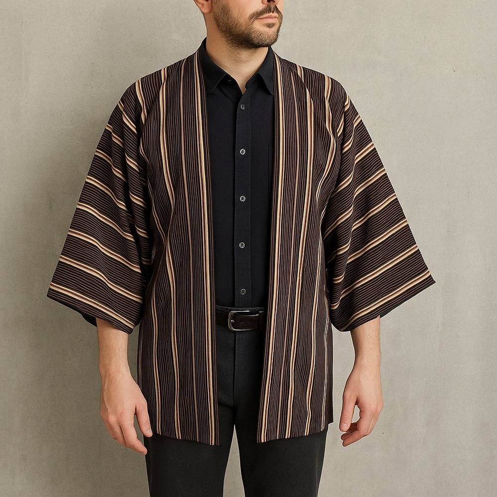 Vintage Japanese Haori Jacket Men's Kimono Coat Brown Striped Lined Mid Century
